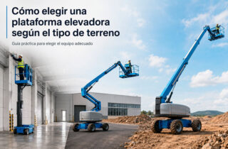 Plataforma elevadora trabajando sobre diferentes tipos de terreno en un proyecto industrial.