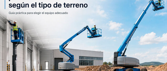 Plataforma elevadora trabajando sobre diferentes tipos de terreno en un proyecto industrial.