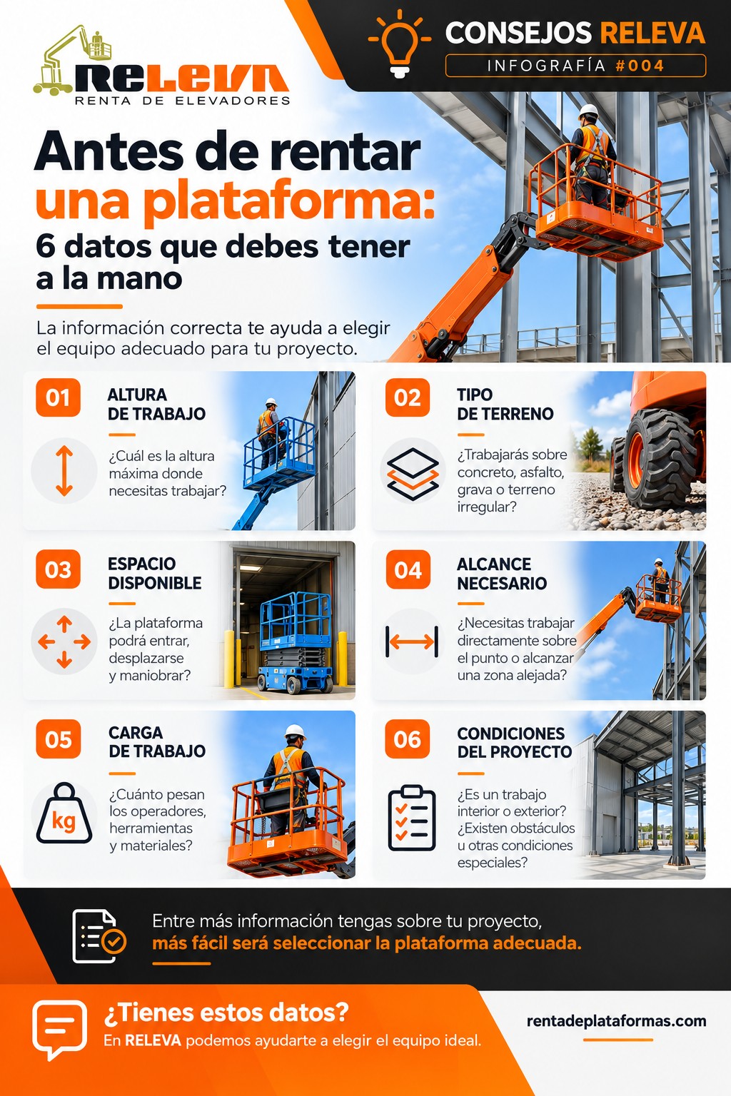 6 datos que debes tener antes de rentar una plataforma elevadora | Consejos Releva #004